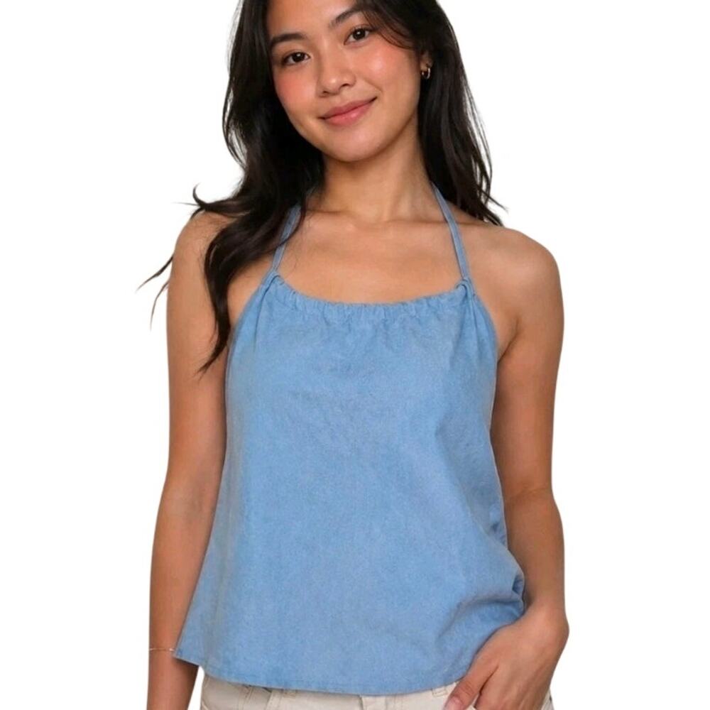 VINTAGE 90s Y2K Tie Halter Tank Top Medium Light Blue Festival Concert Coachella